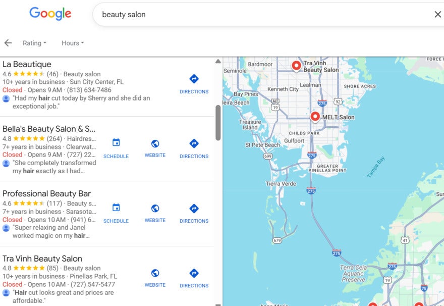 Screenshot of a Google search results page for "beauty salon," displaying various salons, ratings, and contact details.