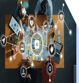 Team sitting and working around a table with icons floating above showing AI icons and other digital tools