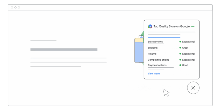 Screenshot of a browser with a pop-up rating for "Top Quality Store on Google," showing ratings for shipping, returns, pricing, and reviews.