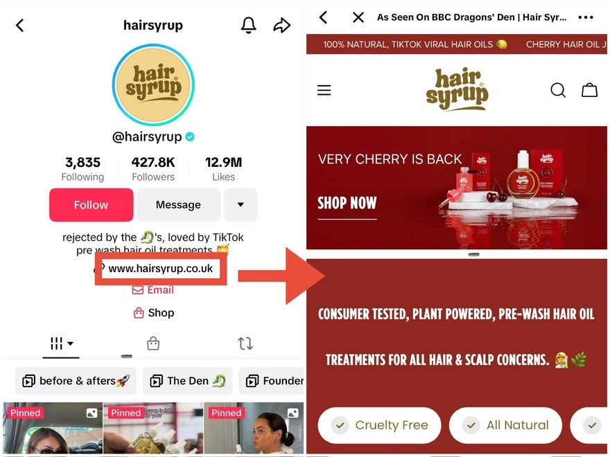Screenshot of Hair Syrup's TikTok profile with red square highlighting website link in bio. The next screenshot shows its website landing page