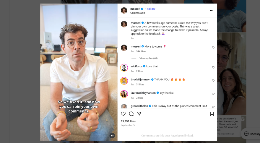 A person sitting casually, discussing a new feature that allows users to pin their own comments on social media posts.