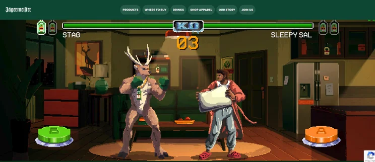 A pixelated fighting scene featuring a muscular stag character in a living room, facing a character holding a pillow.