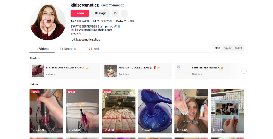 Screenshot of a TikTok profile of a lip gloss brand, with women's profile photo and video thumbnails