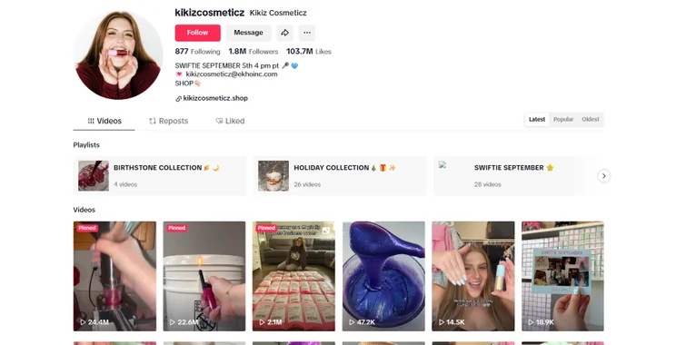 Screenshot of a TikTok profile of a lip gloss brand, with women's profile photo and video thumbnails