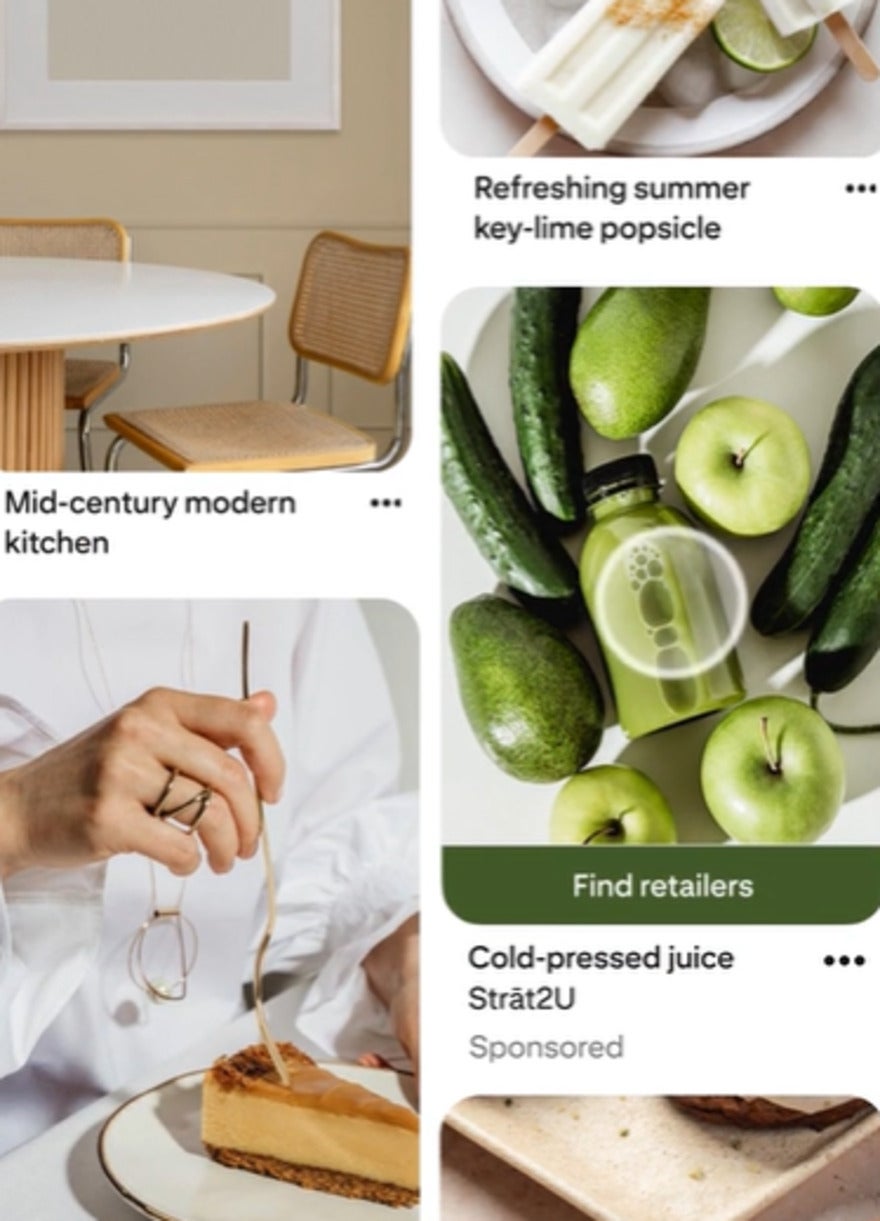 pinterest feed showing a shoppable pin for cold pressed juice. Underneath the pin is a green call to action button that says "find retailers"