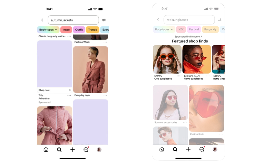 A mobile app interface displays fashion items, featuring autumn jackets on the left and red sunglasses on the right, with navigation options.