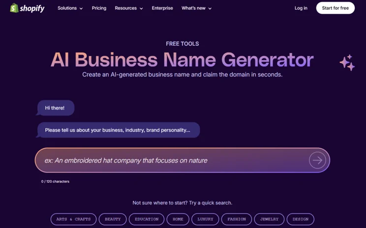 Shopify's AI business name generator homepage showing a prompt box to add to