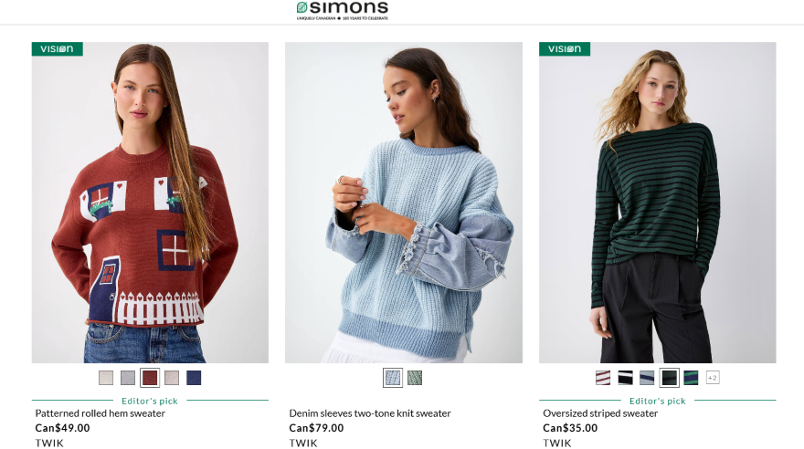 Simons Sweaters Three stylish sweaters displayed: a patterned rolled hem, a two-tone with denim sleeves, and an oversized striped design.