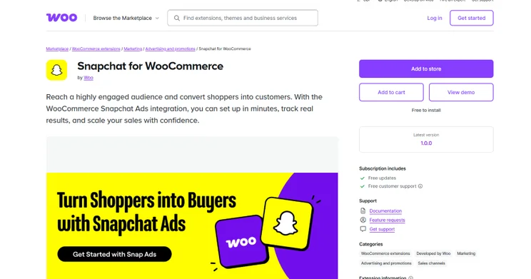 A webpage promoting the "Snapchat for WooCommerce" integration, highlighting its features to convert shoppers into buyers using Snapchat Ads.