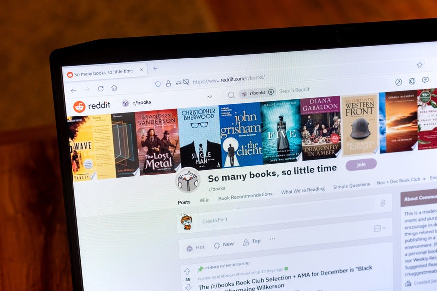 Subreddits for businesses r/books subreddit page shown on a desktop screen