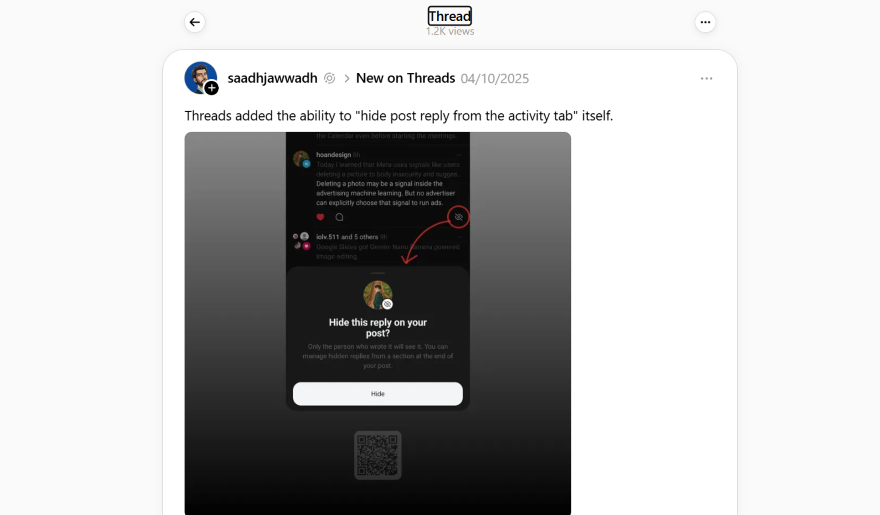 Screenshot of a new Threads feature allowing users to hide replies to posts, with a prompt and instructions highlighted.