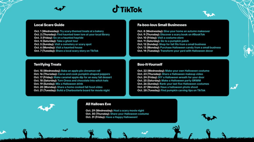 TikTokTober content calendar 2025 TikTokTober content calendar for 2025 showing content themes for each day