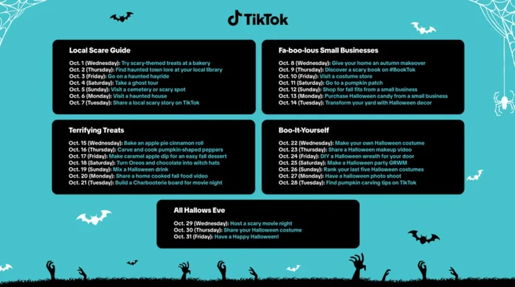 TikTokTober content calendar for 2025 showing content themes for each day