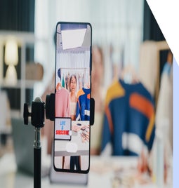 A smartphone on a tripod displays a clothing rack and makeup products in a bright studio, promoting a live streaming session.