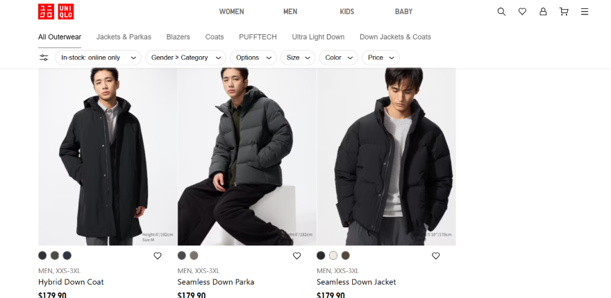 Uniqlo Jackets Fall Three men wearing various styles of outerwear jackets, including a long coat, a parka, and a cropped down jacket, displayed on a website.