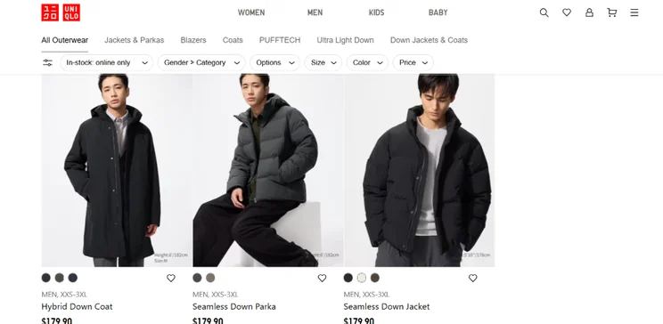 Three men wearing various styles of outerwear jackets, including a long coat, a parka, and a cropped down jacket, displayed on a website.