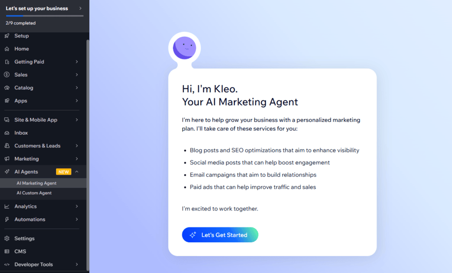Wix AI Marketing Agent page in the account dashboard