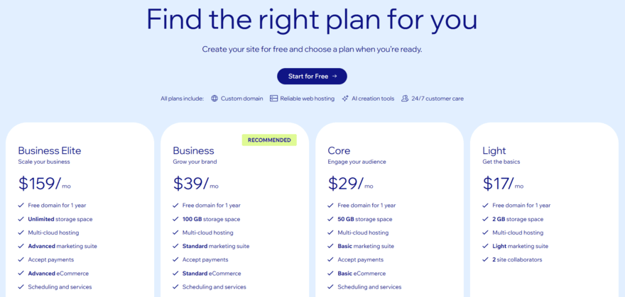 Wix website builder plans and fees