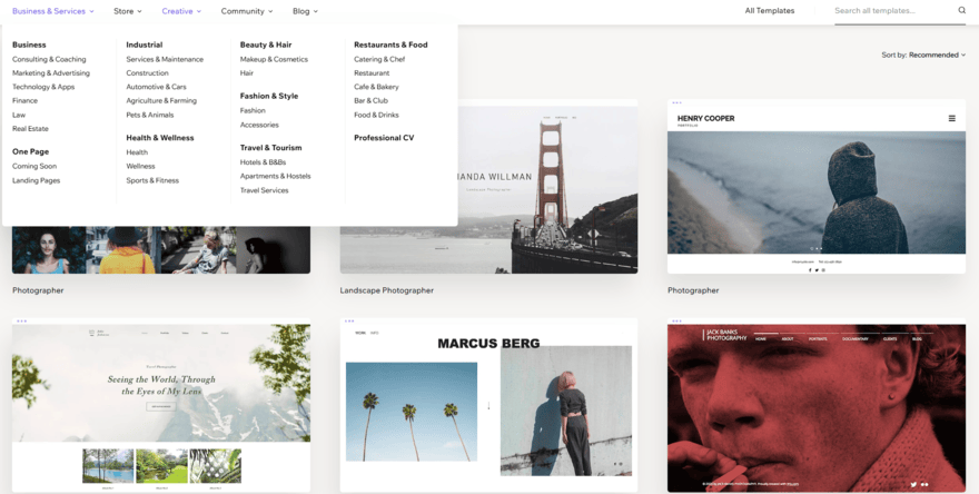 Wix templates library showing filters for businesses