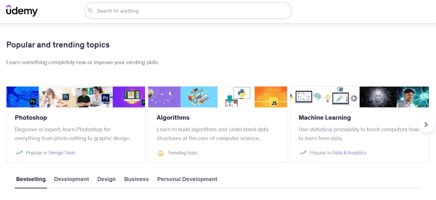 Udemy website showing popular and trending topics, including courses on machine learning and algorithms.