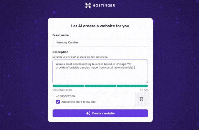 Adobe Express - Adobe Express - Hostinger AI builder prompt (1) Hostinger setup page with text describing a candle business called harmony candles
