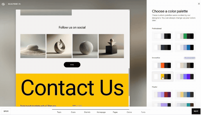 Adobe Express - Adobe Express - Squarespace Blueprint AI color scheme gif Gif showing a mouse selecting on different color schemes for a website in Squarespace's Blueprint AI builder