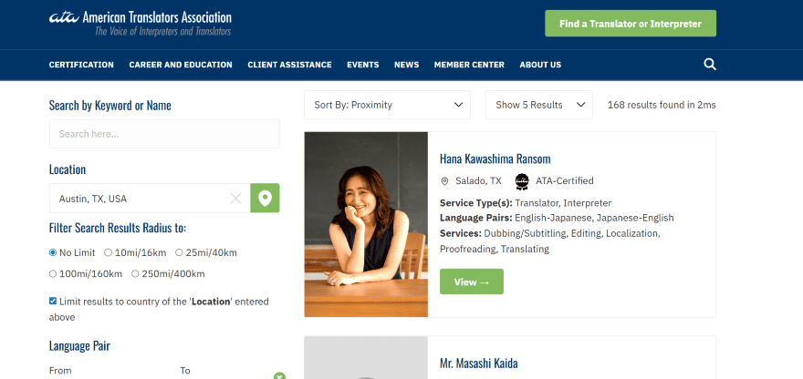 A search result page on the American Translators Association, for translators based in Austin, Texas.