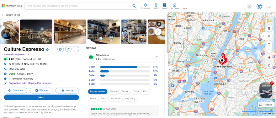 A digital map showing Culture Espresso in NYC, highlighting reviews, contact info, and café interior images.