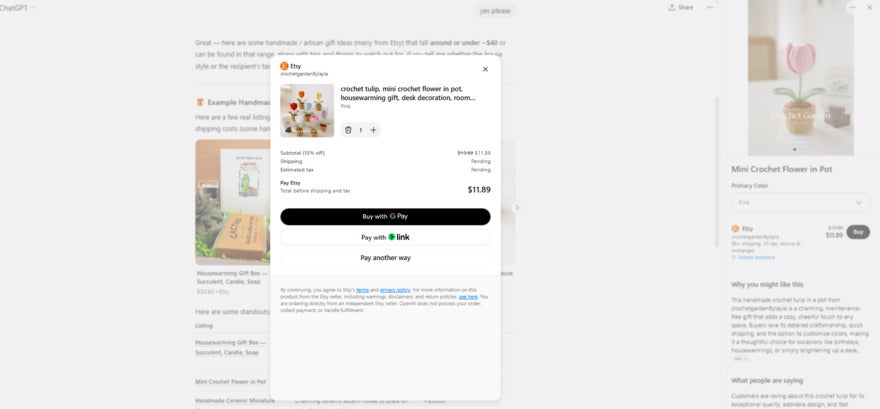 ChatGPT Instant Checkout Etsy product checkout page on ChatGPT showing a mini crochet flower in a pot, priced at $11.89, with options for payment and shipping details.
