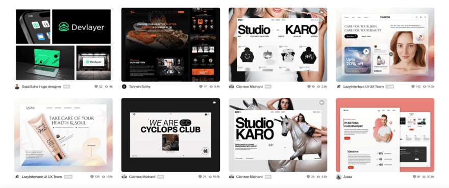 A range of 8 different website designs showcased in rows on the Dribbble website.