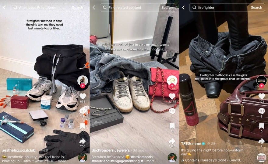 three brands posting firefighter method to show their (left to right) botox equipment, jewelry, and hairspray, alongside an outfit.