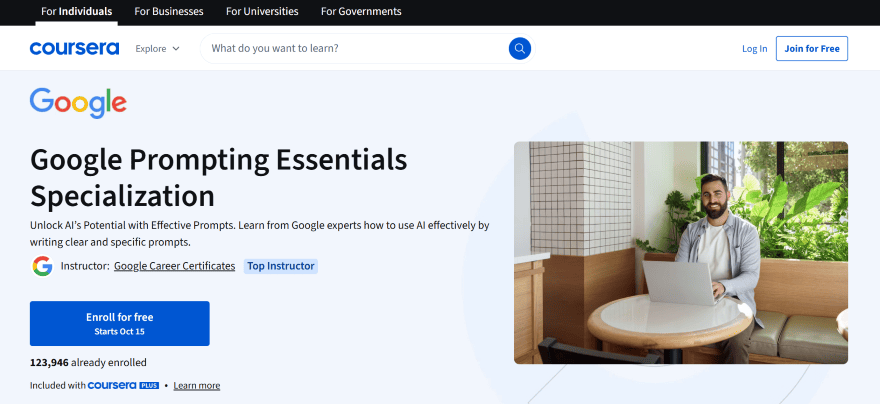 A Coursera page showing an "Enroll for Free" button for Google's official “Prompting Essentials Specialization" course.