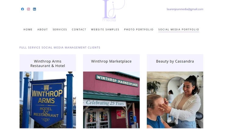 A social media portfolio page on LJ Media's website, showing three examples of social management clients.