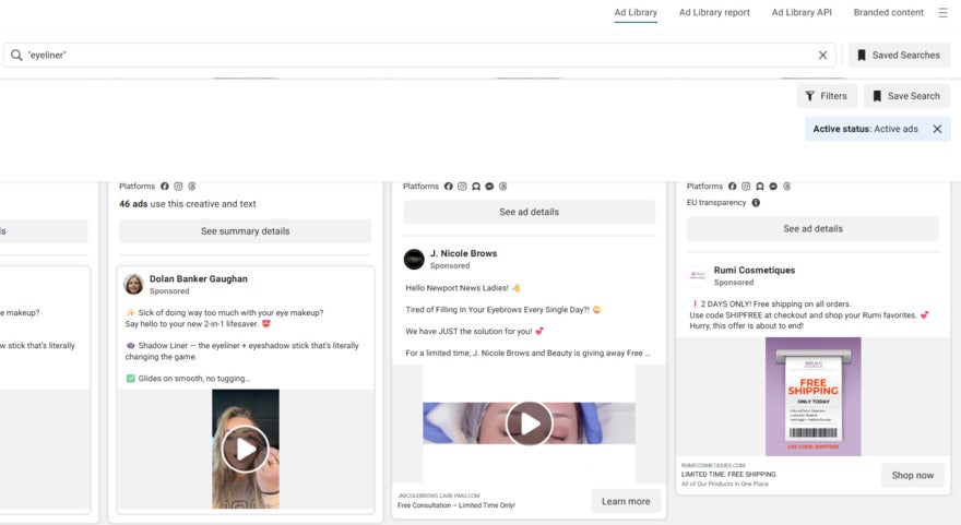 Meta Ad Library three ad results for the keyword "mascara". One shows a brand promoting a 2 day free shipping deal
