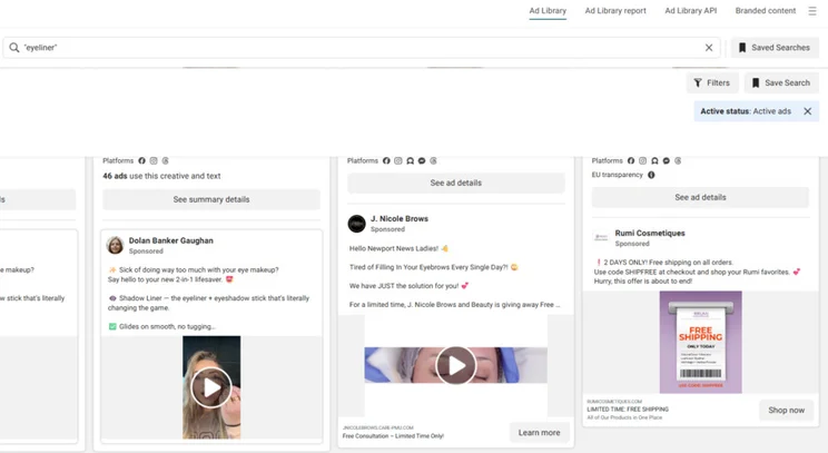 three ad results for the keyword "mascara". One shows a brand promoting a 2 day free shipping deal