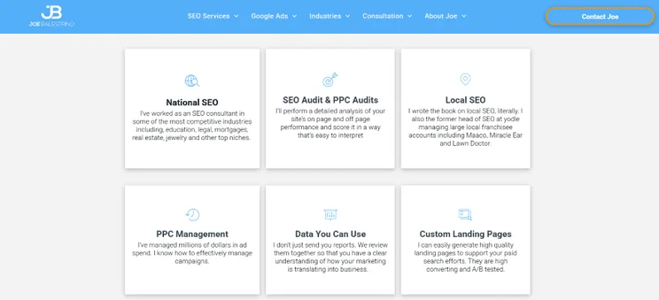 SEO consultant Joe Balestrino's website showcasing his digital marketing services, including local SEO and SEO audits.