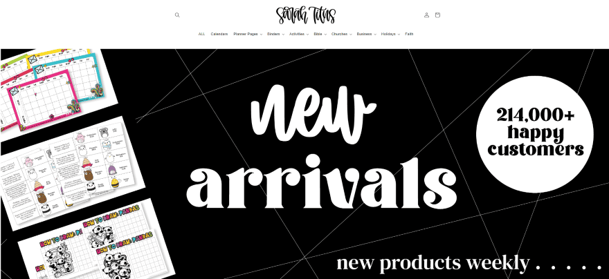 The online storefront page of Sarah Titus' blog, promising new arrivals and new products weekly.
