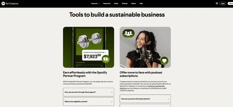 Spotify Creators website highlighting monetization options for businesses.