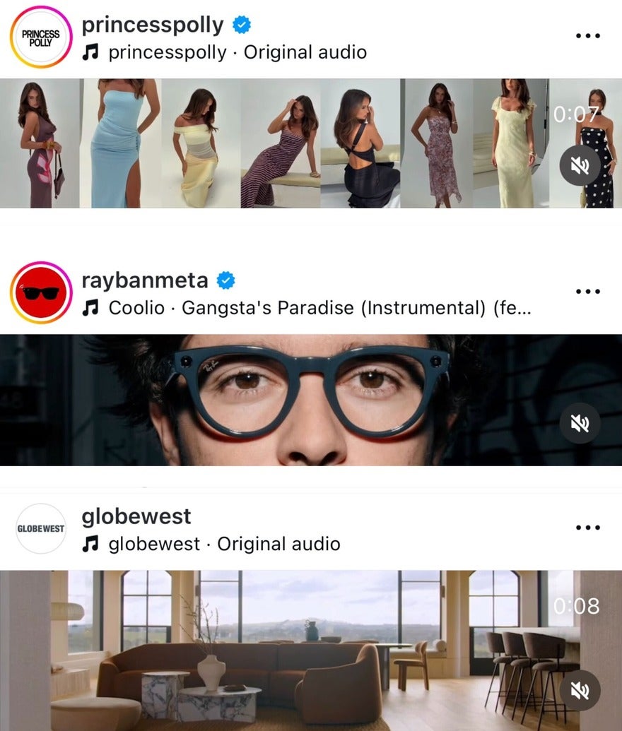 3 examples of thin Instagram posts. Top to bottom, they show a collection of dresses, a close up of eyes wearing glasses, and a modern kitchen dining area