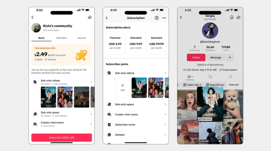 TikRTok Subscription Content Examples A mobile interface displaying community subscription plans, perks, and user profiles for engaging content on a social media platform.