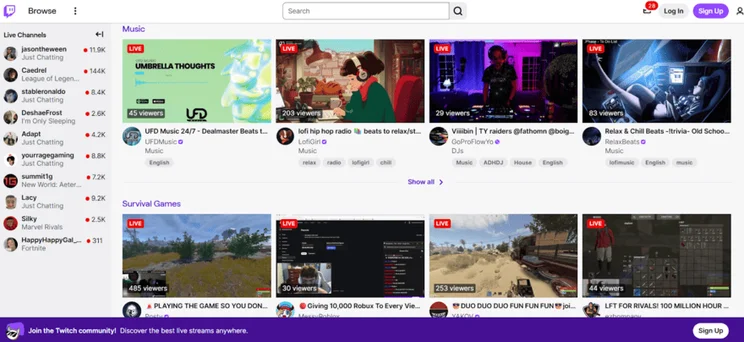 A browsing page on Twitch showing a variety of live music channels