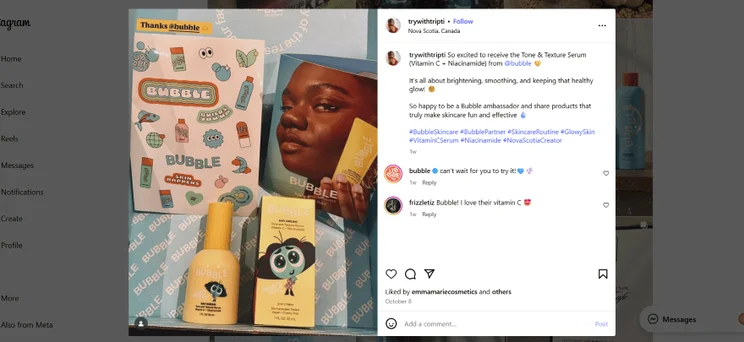 An Instagram post from digital creator @trywithtripti showcasing skincare products from the brand Bubble.