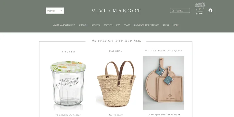 Online store homepage of Vivi et Margo, a French-inspired homeware brand, with a Wix-built online store.