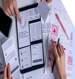 Hands arranging wireframe templates and mockups on a table, surrounded by design tools, illustrating the user interface design process.