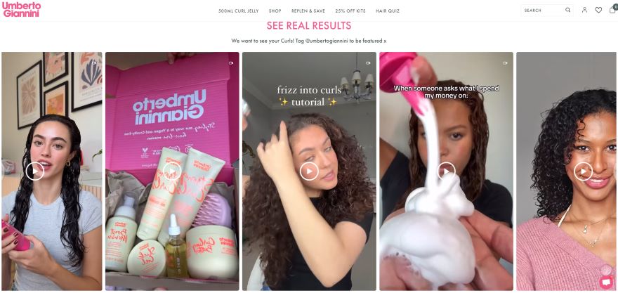 Umberto Giannini website homepage with full screen carousel of TikTok user-generated content