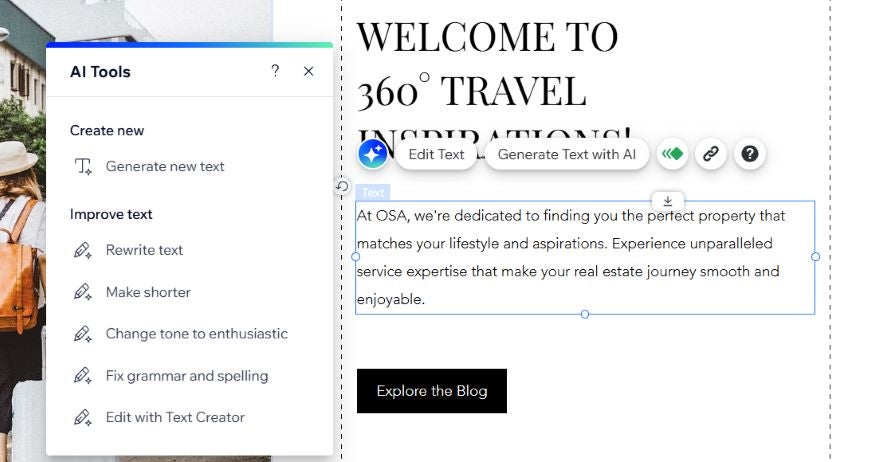 Paragraph of text highlighted with the AI writer tool providing text editing options in a pop up
