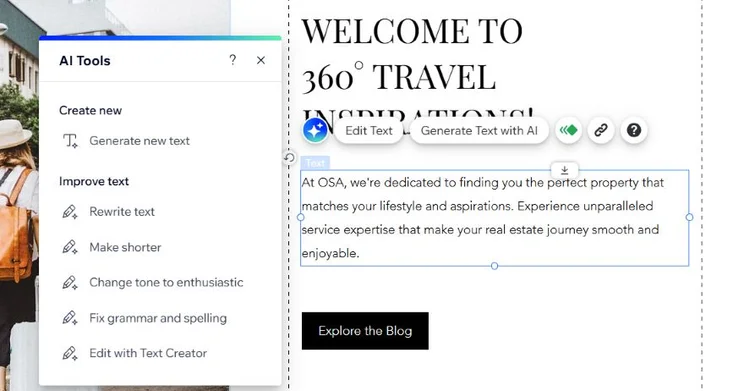 Paragraph of text highlighted with the AI writer tool providing text editing options in a pop up