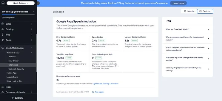 Google PageSpeed simulation in Wix dashboard. This is found in the "Site speed" section of the "Site and mobile app" tab