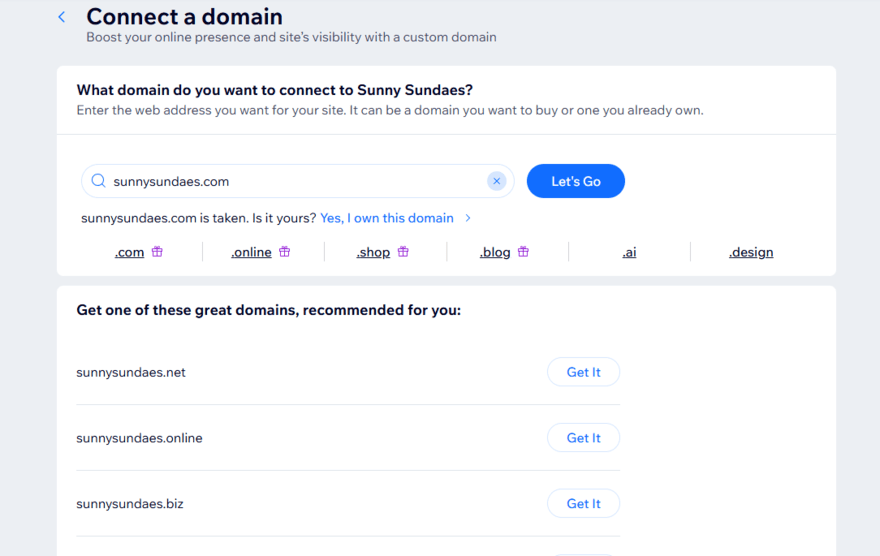 Wix domain availability Page to connect your domain in Wix's dashboard showing domain availability