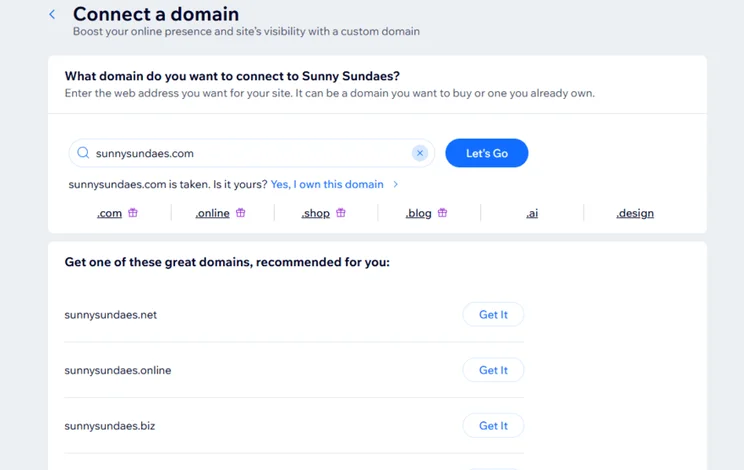 Page to connect your domain in Wix's dashboard showing domain availability